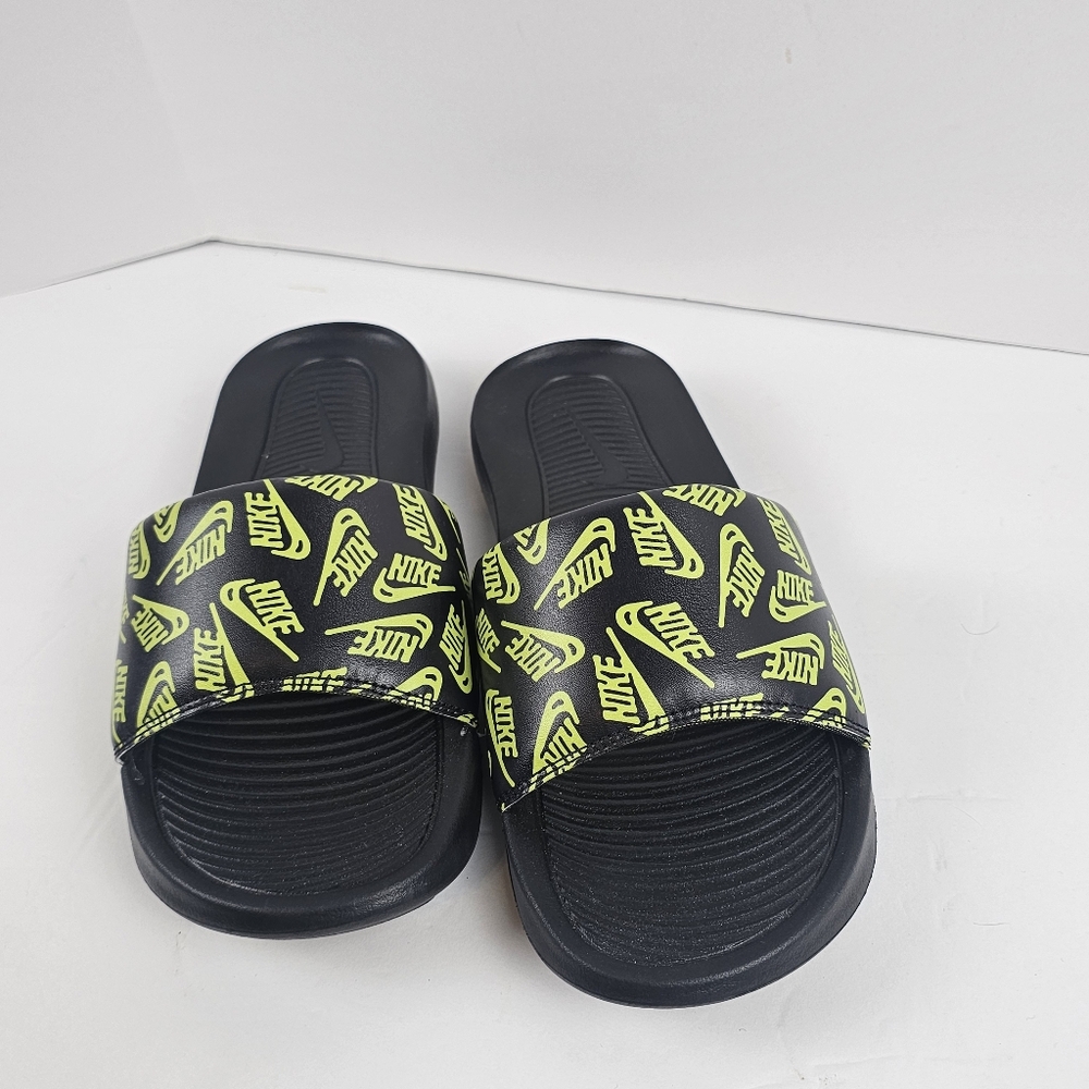 Nike Victori One Black/Neon Green Volt Logo Print Sport‎ Slides Size 8 Lounge